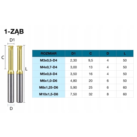 Frez do gwintów M6 x 1,0 węglik 60HRC stal, stal nierdzewna 1 ząb